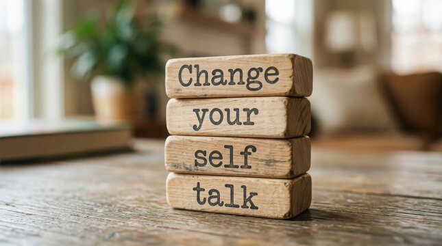 Wooden blocks spell out change your self talk in a bright room