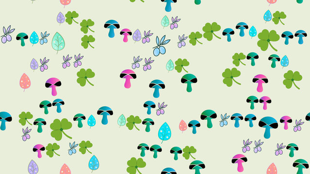 Stylized mushrooms and clover leaves pattern