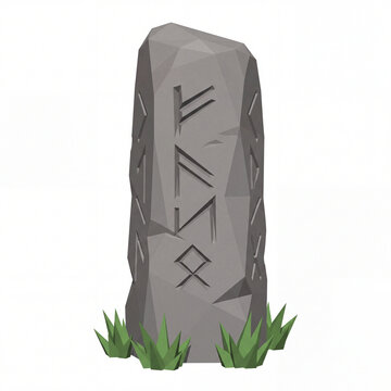 Low poly runestone with ancient carvings standing on white background