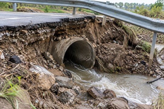 Flood-damaged asphalt road with exposed culvert pipe and eroding soil