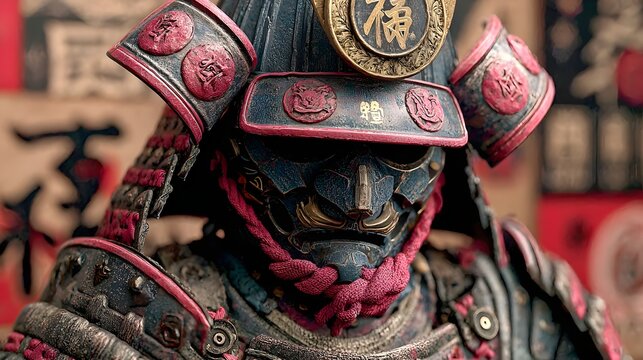 Close up view of traditional Japanese samurai armor featuring an intricate metal mask and ornate red helmet.