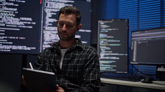 Caucasian male programmer writing notes on a tablet while working in front of multiple computer screens displaying code in a dark office, software development and technology workplace concept.