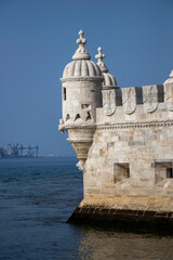 Close-up of a Moorish-influenced watchtower turret at the historic Belem Tower on the Tagus River, Lisbon, Portugal © Stefano Piazza
