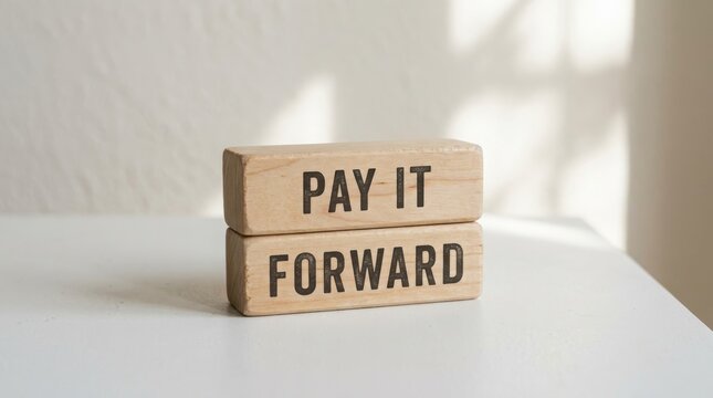 Wooden blocks spell out the phrase pay it forward on a white surface
