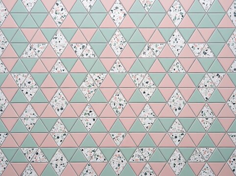 Detailed close-up photograph of a geometric tile wall featuring an intricate pattern of interlocking triangles in pastel pink, mint green, and speckled terrazzo textures