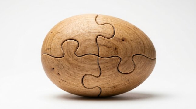 Wooden puzzle sphere with interlocking pieces isolated on white
