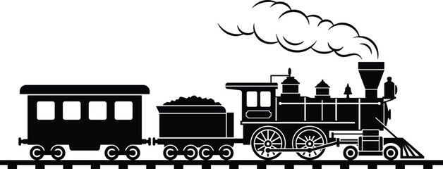 Vintage steam locomotive train with passenger carriage on railway track blowing smoke vector illustration © MDSHAHINUR