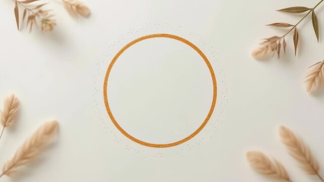 Golden Circle Dried Grass Feather White Background Minimalist Botanical Wreath Frame