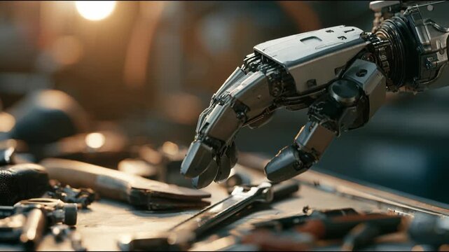Mechanical quadruped robot in cinematic photographic style, on a warm workshop background, symbolizing future automation