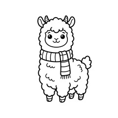 Fototapeta premium Cute Little Alpaca Wearing a Scarf Line Art Illustration