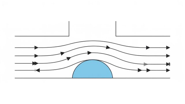 Fluid Dynamics Animation of Streamlines and Airflow Over Curved Obstacle in Channel Demonstrating Aerodynamics, Bernoulli Principle and Physics on White Background
