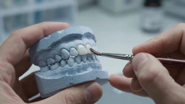 Dental technician painting ceramic crown on plaster jaw model in laboratory, close-up of making aesthetic porcelain veneer and artificial tooth replacement in stomatology clinic