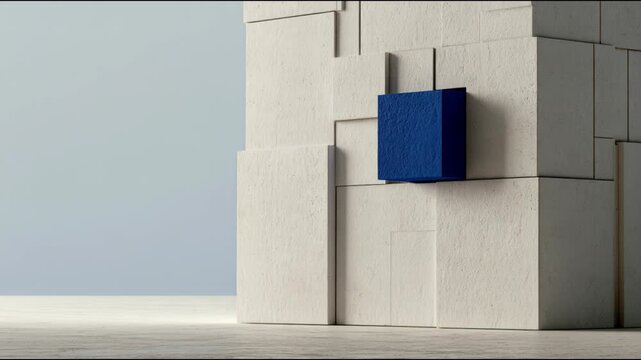 Blue geometric cube mounted on textured white architectural wall, minimalist photographic style, pale blue background, concept of contrast