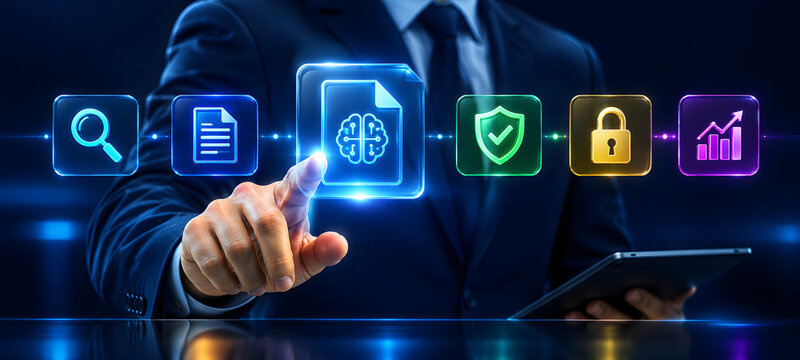 Businessman Touching AI Document Icon for Smart Data Management and Secure File Processing