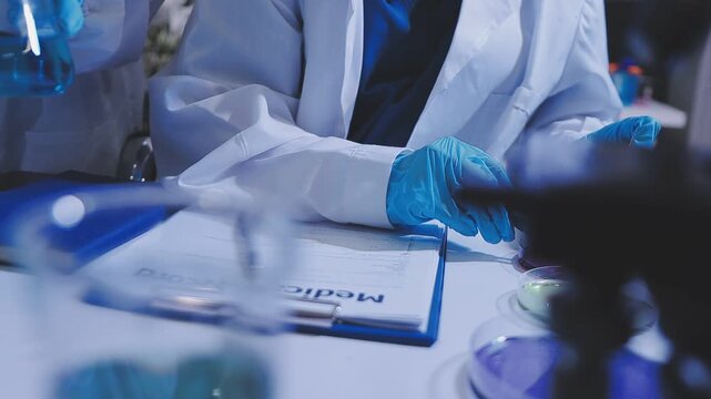Food scientists in lab coats, testing samples, and analyzing food safety and quality in a modern laboratory
