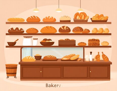 An illustrated bakery showcases fresh bread.