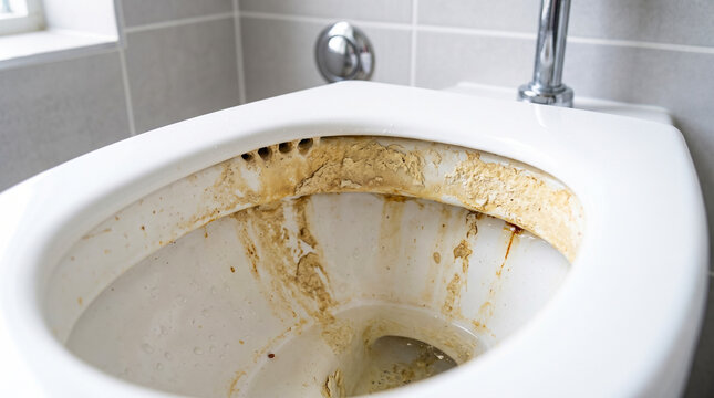 Dirty toilet bowl with limescale and rust stains in bathroom, toilet cleaning and limescale removal