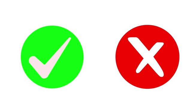Animated pop-up green check mark and red cross X symbol on transparent background. A checkmark in and out motion graphics animation. false with alpha channel