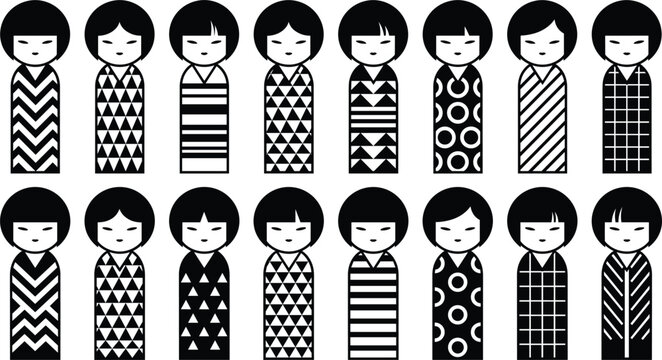 Japanese Kokeshi Doll Silhouette Icon Set Featuring Traditional Wooden Puppets with Geometric Kimono Patterns for Asian Cultural Logo and Branding Designs
