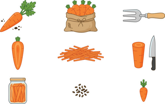Carrot Agriculture and Cooking Icon Set Featuring Harvest Bag Slices Knife Seeds Pitchfork and Jar Vector