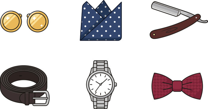 Gentleman Fashion and Grooming Icon Set Featuring Cufflinks Pocket Square Straight Razor Belt Watch and Bowtie Vector