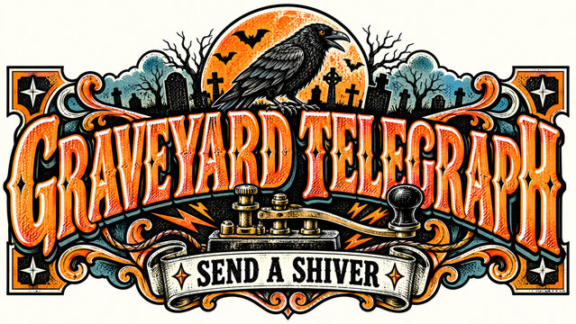 Graveyard Telegraph Halloween Emblem with Telegraph Key, Pumpkin and Orange Vintage Lettering, Spooky Gothic Badge for a Haunted Signal Station
