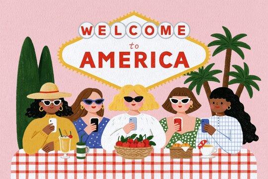 Welcome to America illustration Modern Women Gather Around a Table, Absorbed in Their Smartphones Instead of Connecting in Real Life