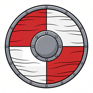 Round viking shield with red and white wooden quartered pattern