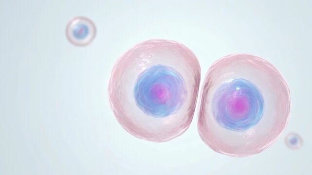 Two daughter cells with blue and magenta nuclei drifting apart