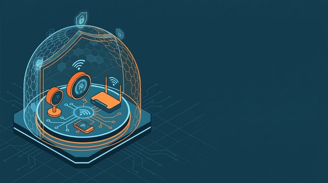 Isometric concept of smart home security system with protected router and camera