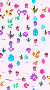 Seamless pattern of stylized acorns, berries, leaves, and clover