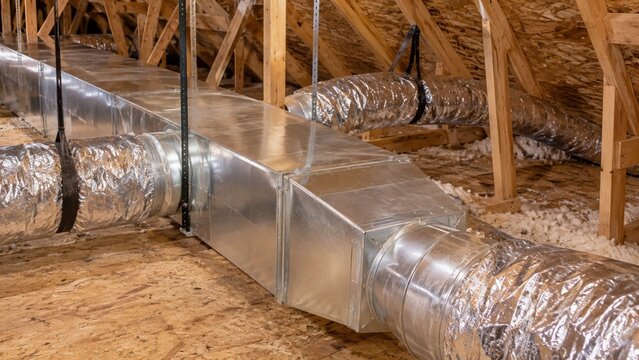 Ductwork and air circulation system in an attic with wooden rafters and insulation