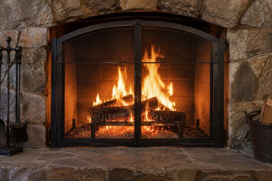 Stone fireplace with a roaring fire behind a metal screen