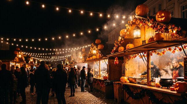 Night market food stalls with steaming cauldron, pumpkin garlands and visitors under string lights