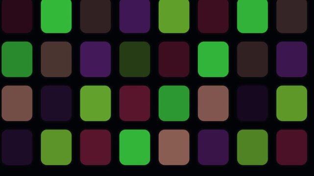 Looping animation of multicolored rounded square grid on dark background
