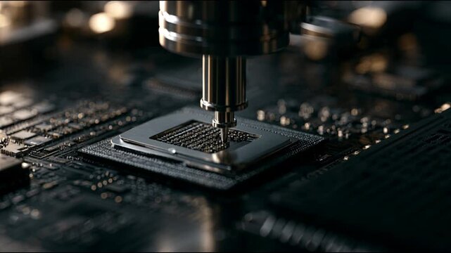 Industrial probe processing a microchip on a circuit board, cinematic photographic style, dark background, precision technology