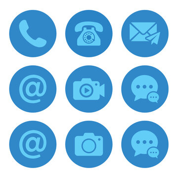 Set of blue communication and contact icons featuring phone email camera chat symbols communication telephone internet envelope illustration interface collection isolated information