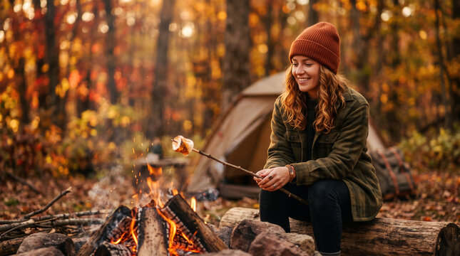 Person roasting marshmallows during autumn camping by a campfire  
