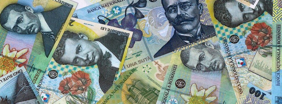 Big amount of Romanian leu money banknotes. Romania cash bills of RON currency close up
