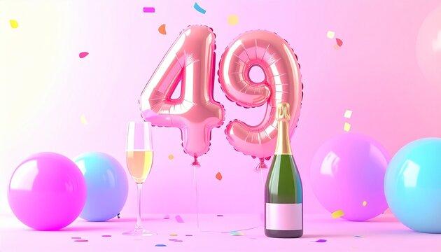 Birthday and Anniversary Celebration with Champagne and Number 49 Balloon