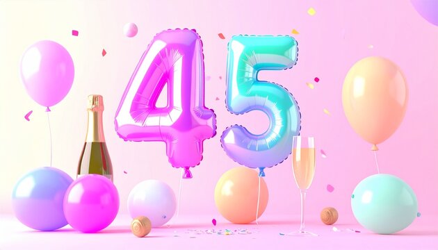 Birthday and Anniversary Celebration with Champagne and Number 45 Balloon