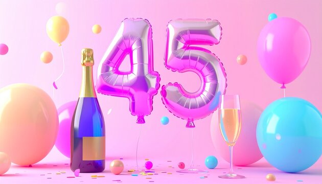 Birthday and Anniversary Celebration with Champagne and Number 45 Balloon
