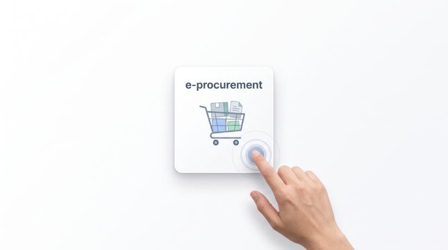 E-procurement button on a clean white background is being pressed by a hand.