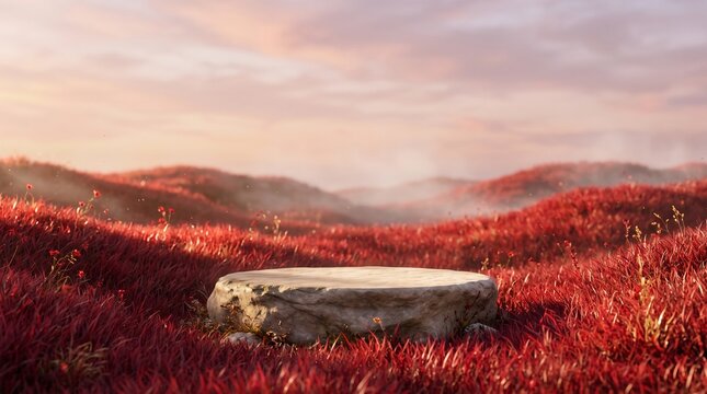 Surreal red grass field with a large stone slab under a misty sunset sky