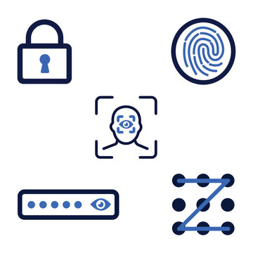 Cybersecurity and digital protection icon set featuring padlock fingerprint facial recognition and password security cybersecurity protection fingerprint biometric recognition password