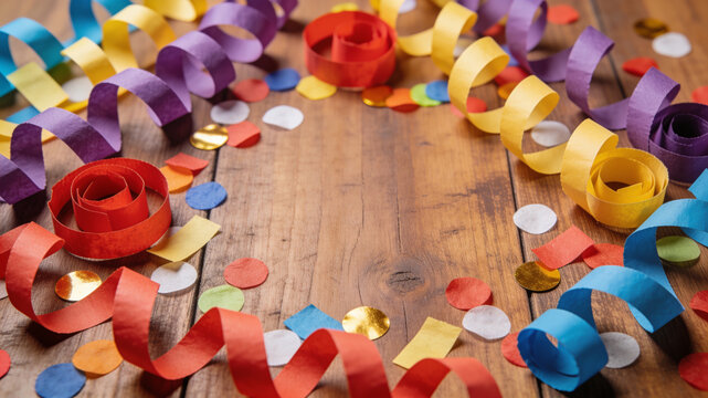 Colorful Paper Streamers and Confetti on Wooden Table