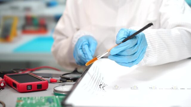 Close-up of a technician in protective gloves testing an electronic circuit board with probes beside a digital multimeter in a laboratory.