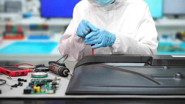 Electronics technician in protective clothing repairs a flat screen monitor with a screwdriver at a workbench, surrounded by tools and circuit boards.