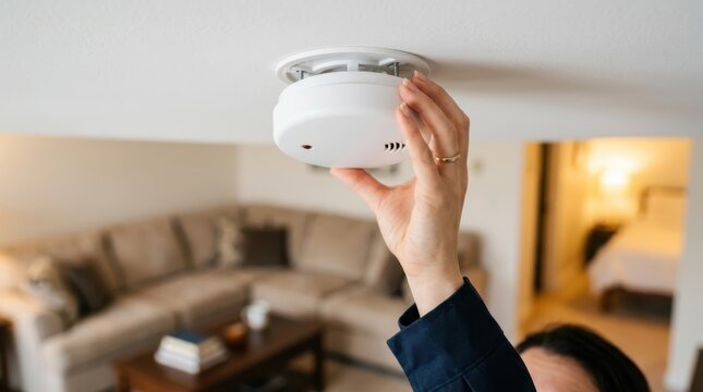 Hand installing smoke detector on ceiling. Home security and alarm system