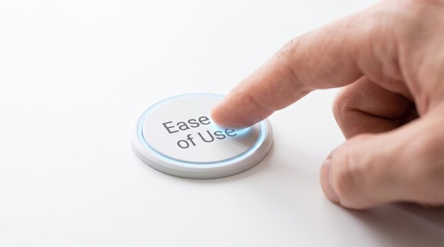 Button with the phrase 'Ease of Use' is being pressed by a person's index finger on a clean white surface.